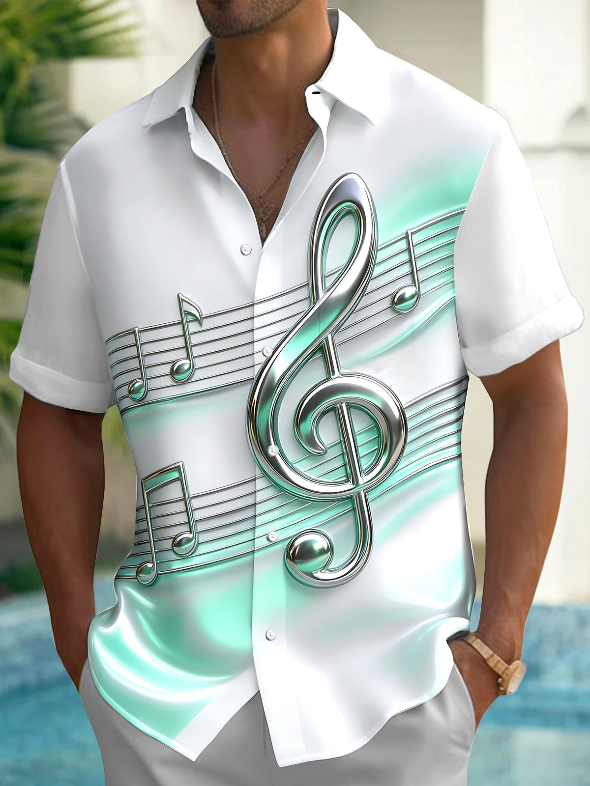 Adaychic Men's Short Sleeve Shirt - 3D Musical Notes And Treble Clef On Staff Print with Chest Pocket