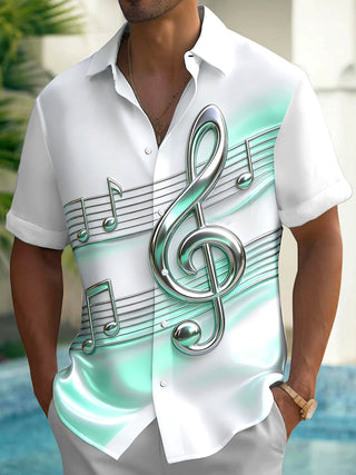 Adaychic Men's Short Sleeve Shirt - 3D Musical Notes And Treble Clef On Staff Print with Chest Pocket