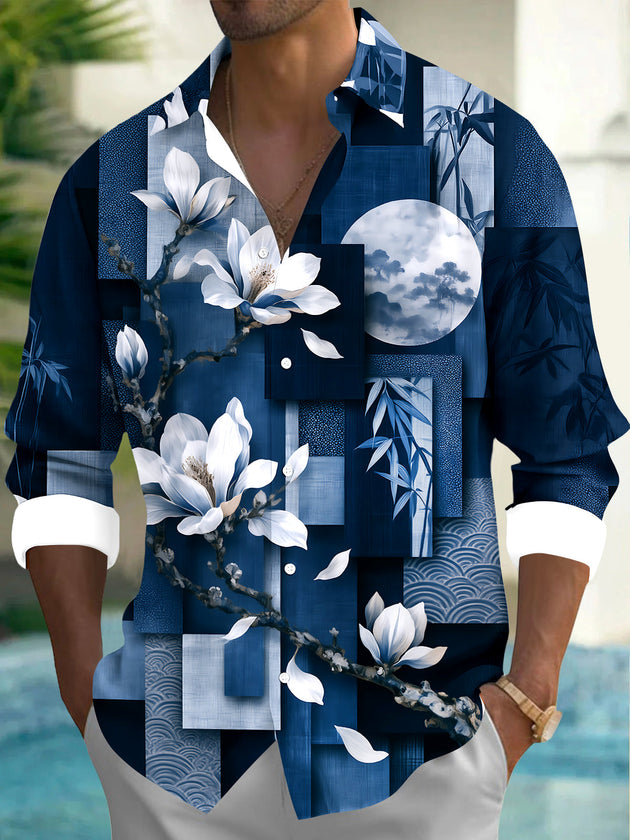 Adaychic Men's White Magnolia Flowers And Bamboo Leaves Print Long Sleeve Shirt with Chest Pocket