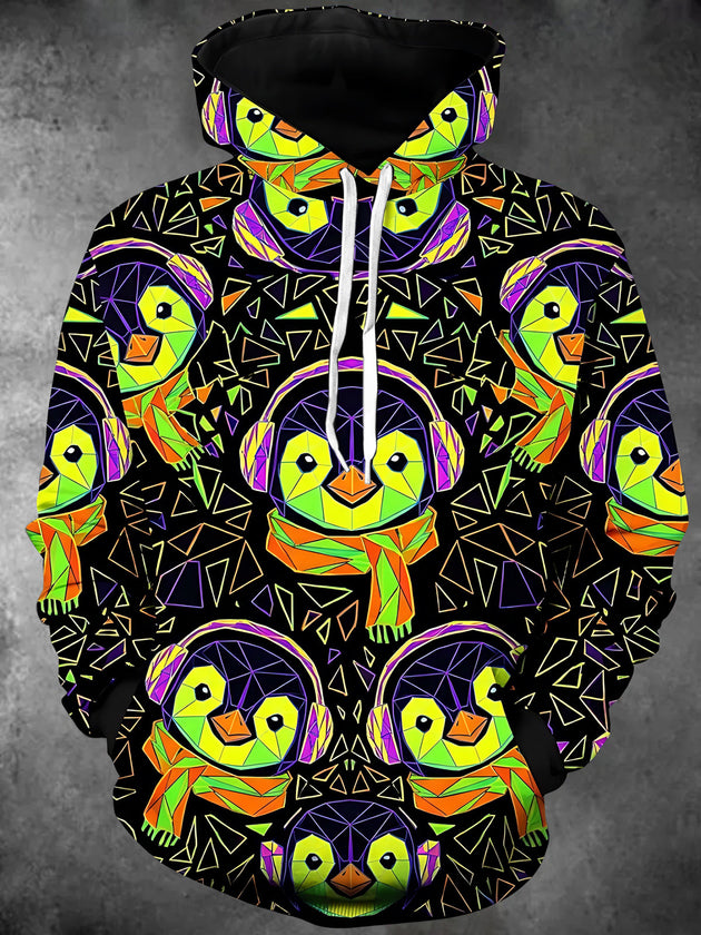 Adaychic Men's Long Sleeve Hoodie - Geometric Penguin Faces With Headphones And Scarves Print
