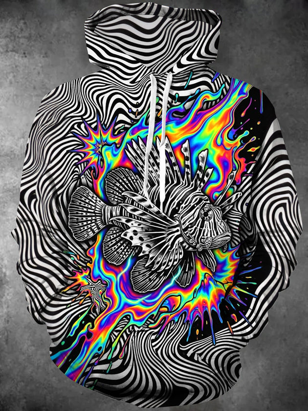 Adaychic Men's Long Sleeve Hoodie - Lionfish With Psychedelic Rainbow Splash Print