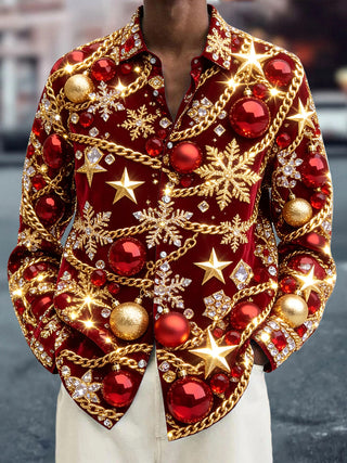 Adaychic Men's Christmas Ornaments And Snowflakes Print Long Sleeve Shirt with Chest Pocket