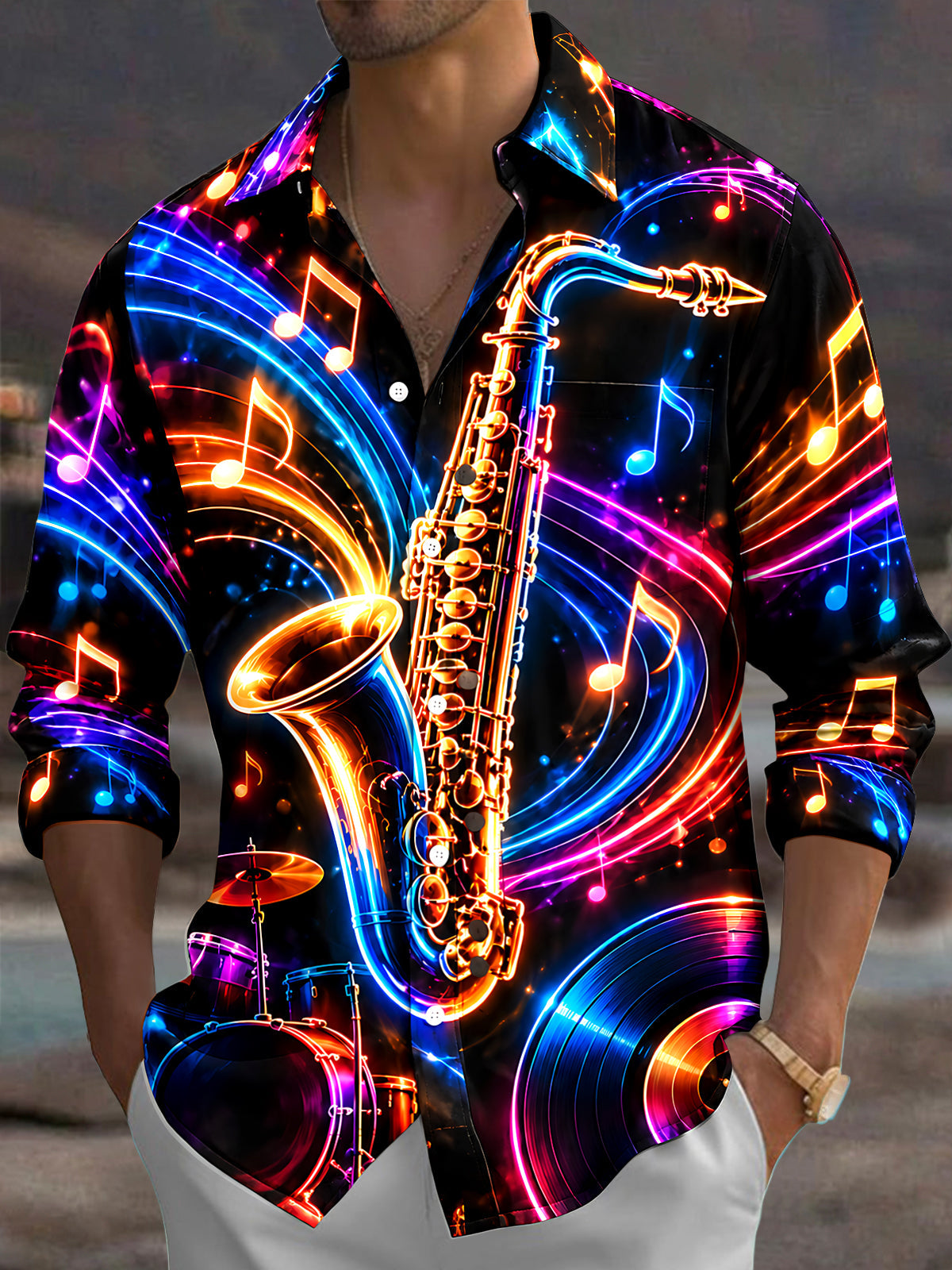 Adaychic Men's Graphic Neon Saxophone And Musical Notes Print Long Sleeve Shirt with Chest Pocket