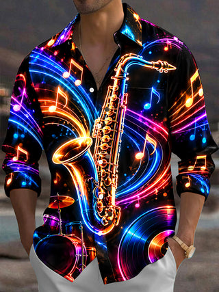 Adaychic Men's Graphic Neon Saxophone And Musical Notes Print Long Sleeve Shirt with Chest Pocket