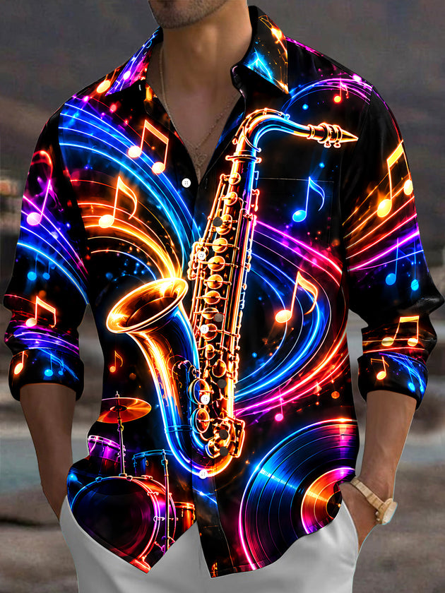 Adaychic Men's Graphic Neon Saxophone And Musical Notes Print Long Sleeve Shirt with Chest Pocket