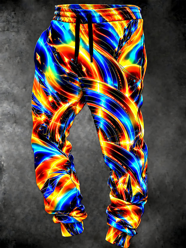 Adaychic Men's Drawstring Elastic-Waist Sweatpants - Abstract Neon Swirls And Geometric Lines Print with Side Pockets