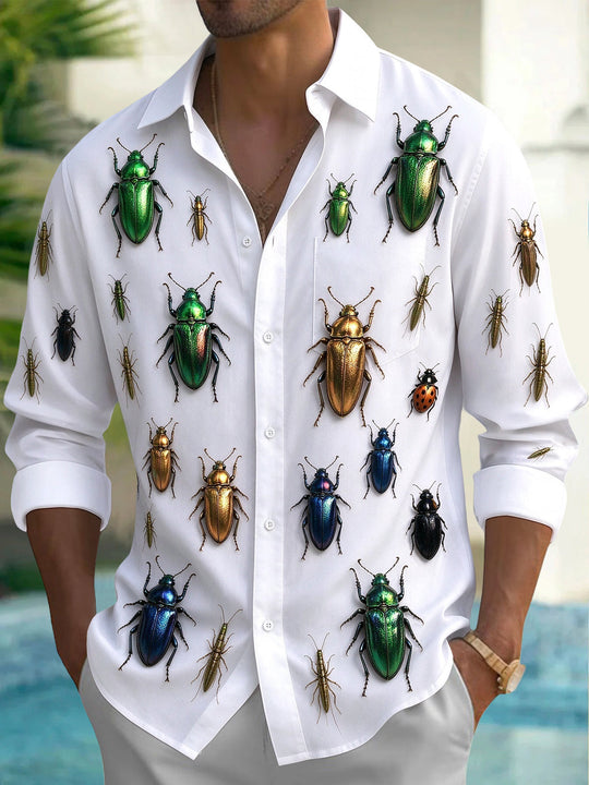 Adaychic Men's Metallic Beetles And Insects Print Long Sleeve Shirt with Chest Pocket