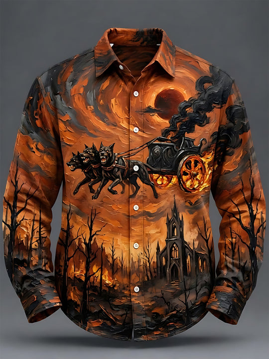 Adaychic Men's Three-headed Dog Pulling A Chariot Print Long Sleeve Shirt with Chest Pocket