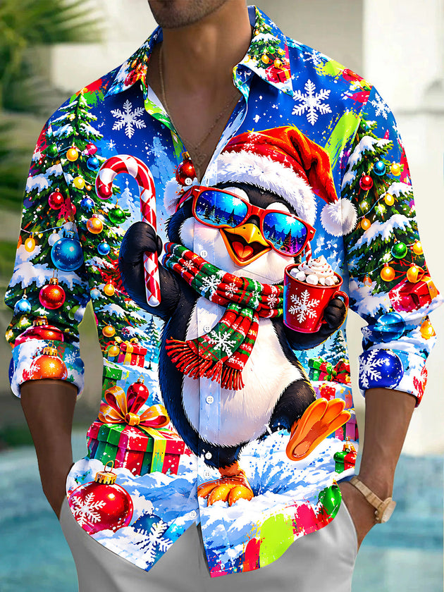 Adaychic Men's Long Sleeve Shirt - Christmas Penguin With Santa Hat And Sunglasses Print with Chest Pocket