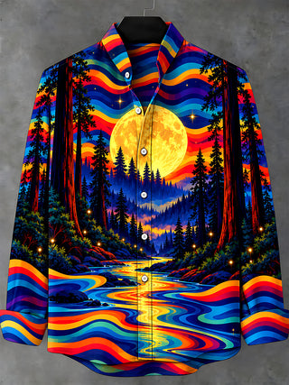 Adaychic Men's Long Sleeve Stand Collar Shirt - Psychedelic Forest Landscape With Full Moon Print