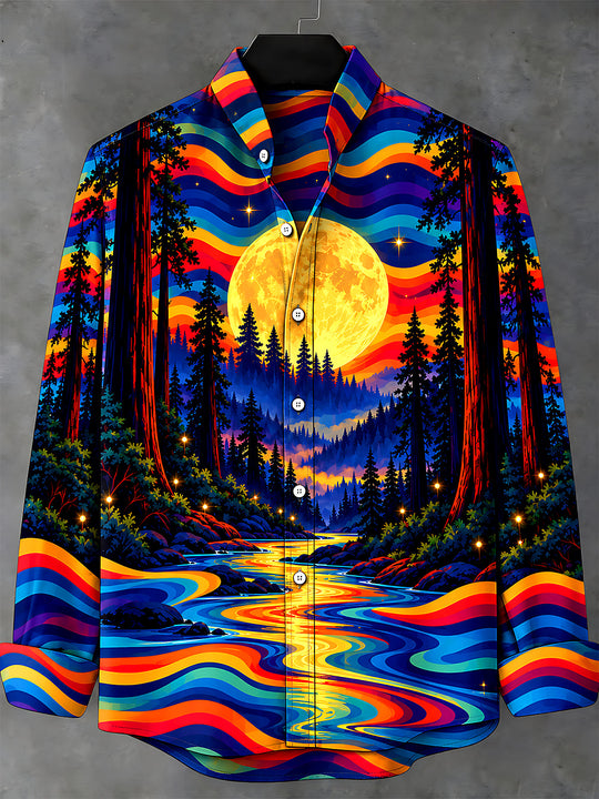 Adaychic Men's Long Sleeve Stand Collar Shirt - Psychedelic Forest Landscape With Full Moon Print