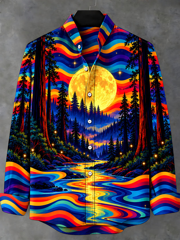 Adaychic Men's Long Sleeve Stand Collar Shirt - Psychedelic Forest Landscape With Full Moon Print