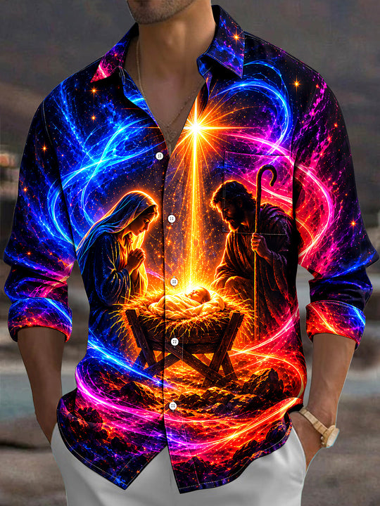 Adaychic Men's Long Sleeve Shirt - Nativity Scene With Mary Joseph And Baby Jesus Print with Chest Pocket