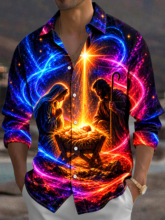 Adaychic Men's Long Sleeve Shirt - Nativity Scene With Mary Joseph And Baby Jesus Print with Chest Pocket