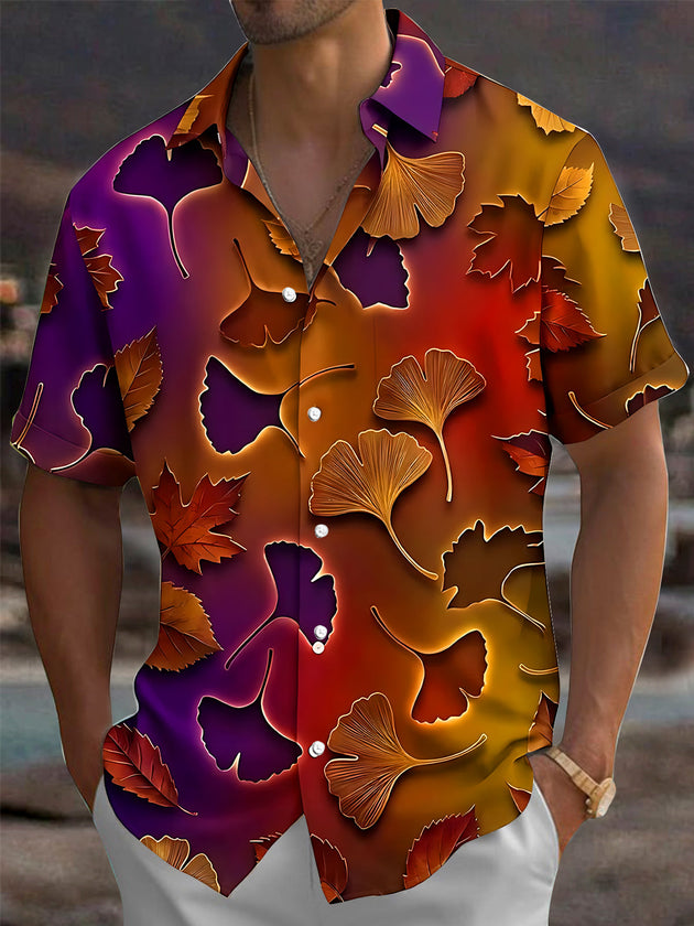 Adaychic Men's Hawaiian Autumn Ginkgo And Maple Leaves Print Short Sleeve Shirt with Chest Pocket