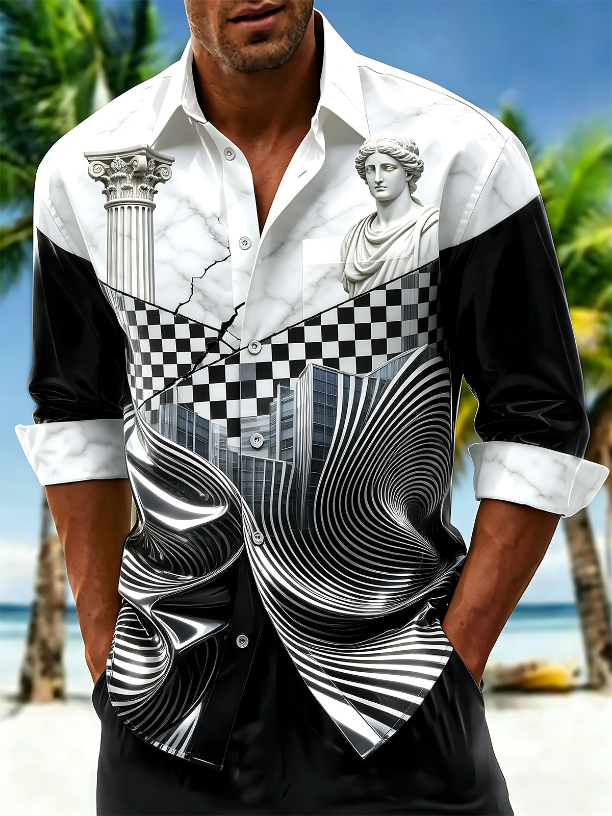 Adaychic Men's Long Sleeve Shirt - Abstract Geometric And Psychedelic Patterns With Classical Statue Print with Chest Pocket