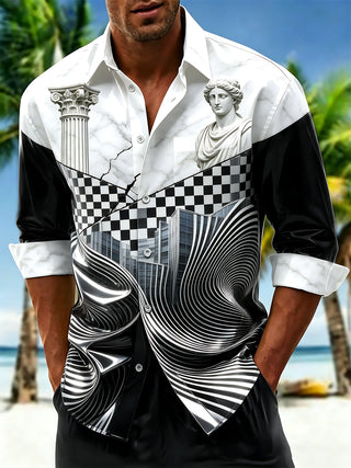 Adaychic Men's Long Sleeve Shirt - Abstract Geometric And Psychedelic Patterns With Classical Statue Print with Chest Pocket