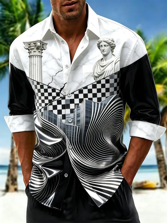 Adaychic Men's Long Sleeve Shirt - Abstract Geometric And Psychedelic Patterns With Classical Statue Print with Chest Pocket