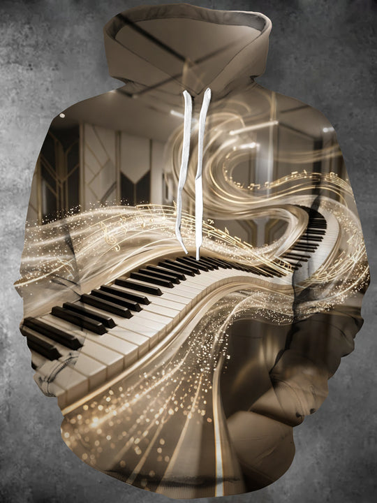 Adaychic Men's Long Sleeve Hoodie - Winding Piano Keyboard With Musical Notes And Sparkles Print