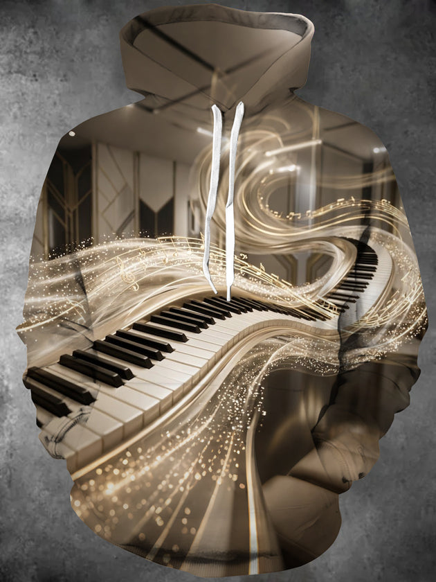 Adaychic Men's Long Sleeve Hoodie - Winding Piano Keyboard With Musical Notes And Sparkles Print