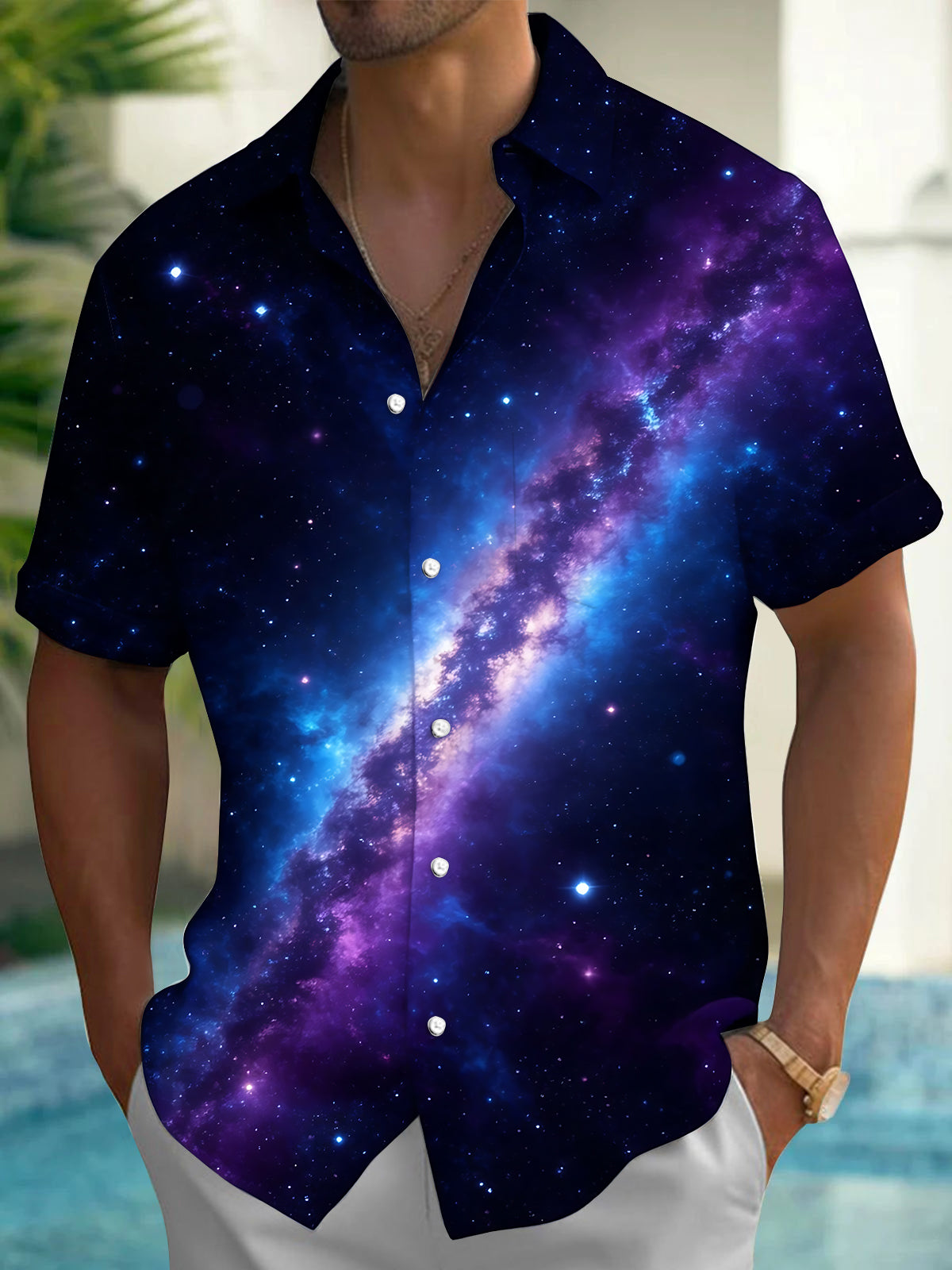 Adaychic Men's Hawaiian Galaxy Nebula And Stars Print Short Sleeve Shirt with Chest Pocket