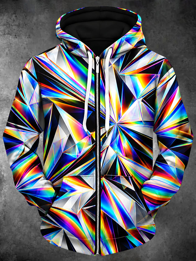 Adaychic Men's Geometric Rainbow Prism Facets Print Long Sleeve Zip-Up Hoodie with Kangaroo Pocket