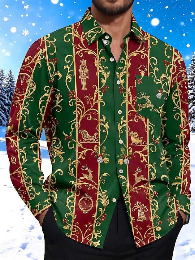 Adaychic Men's Long Sleeve Shirt - Christmas Nutcracker Reindeer Sleigh And Clock Motif Print with Chest Pocket
