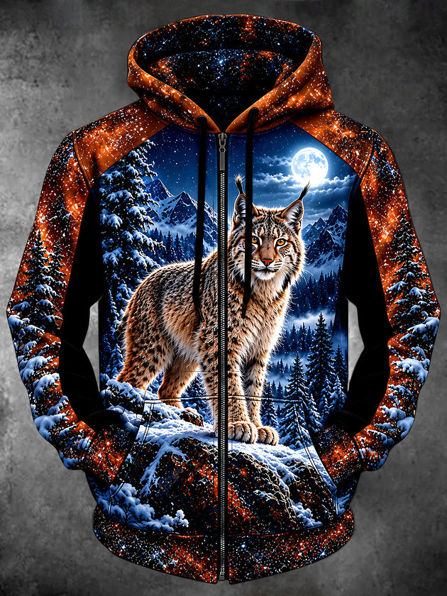 Adaychic Men's Lynx In Snowy Mountain Landscape Print Long Sleeve Zip-Up Hoodie