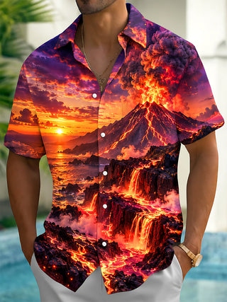 Adaychic Men's Volcano Eruption With Lava Flow Print Short Sleeve Shirt with Chest Pocket