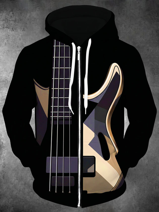 Adaychic Men's Graphic Geometric Bass Guitar Print Long Sleeve Zip-Up Hoodie