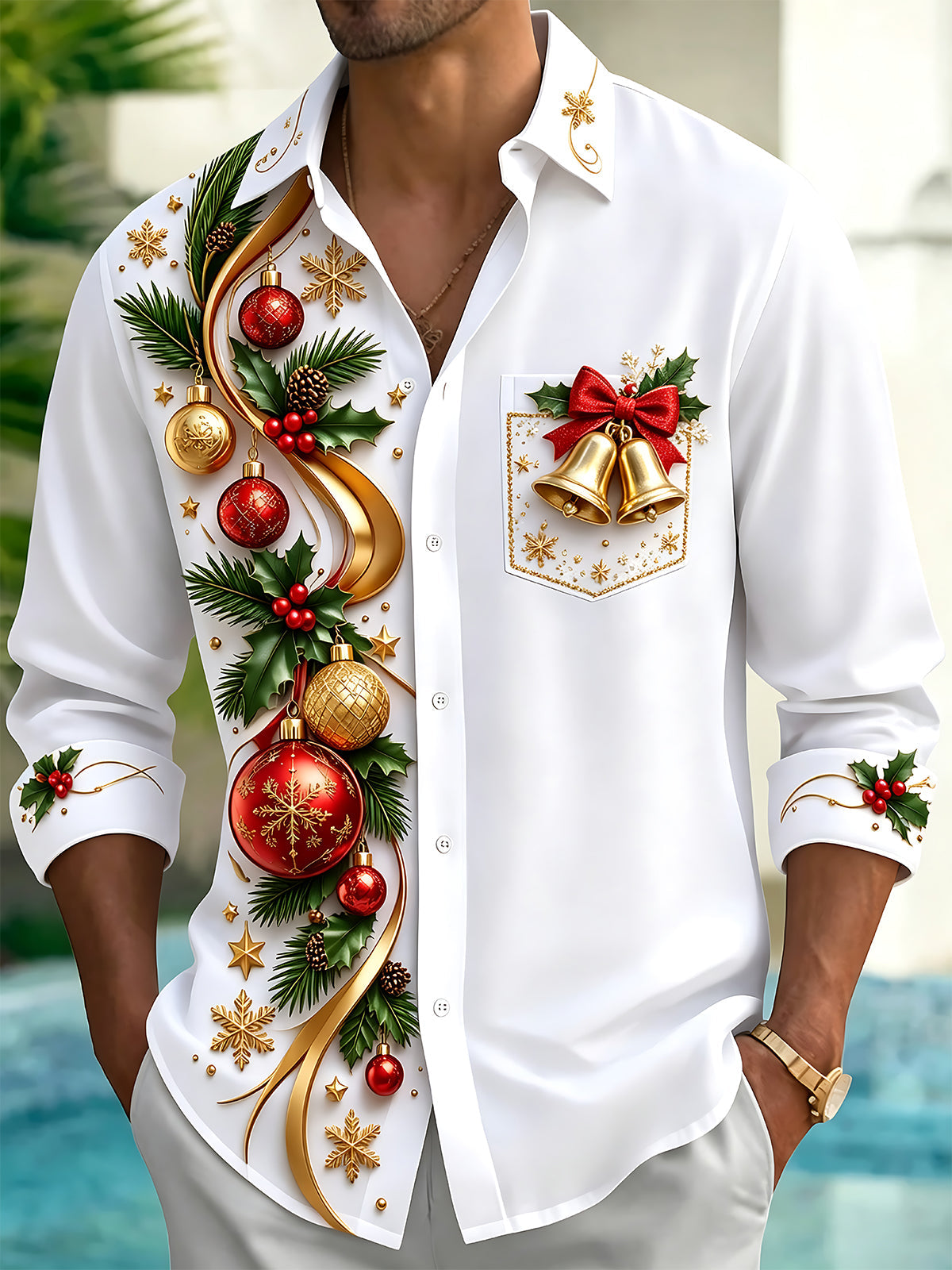 Adaychic Men's Printed Christmas Ornaments And Bells Print Long Sleeve Shirt with Chest Pocket
