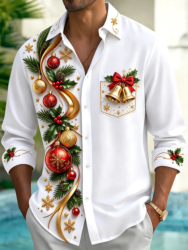 Adaychic Men's Printed Christmas Ornaments And Bells Print Long Sleeve Shirt with Chest Pocket