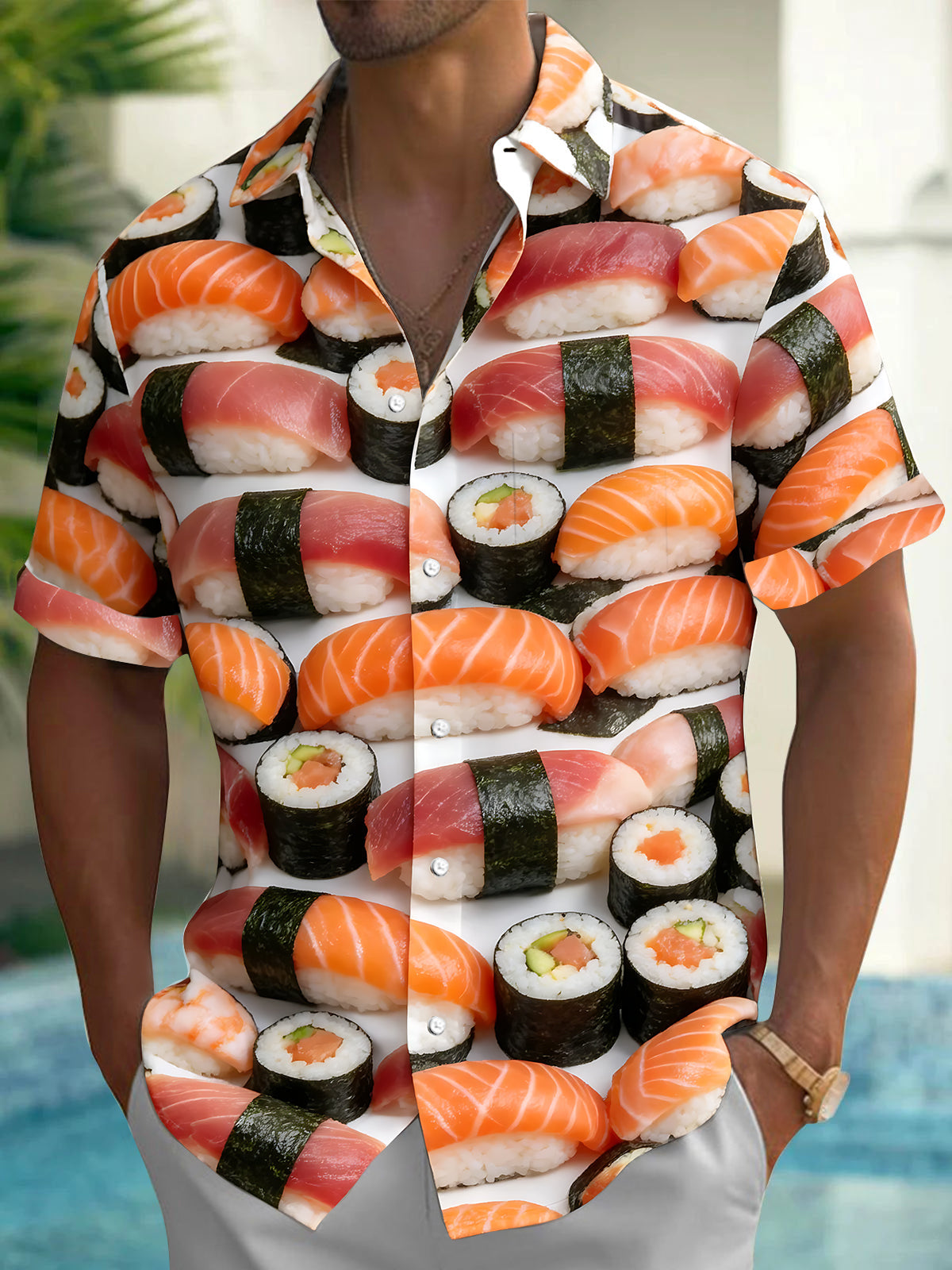 Adaychic Men's Hawaiian Sushi Rolls And Nigiri Print Short Sleeve Shirt with Chest Pocket