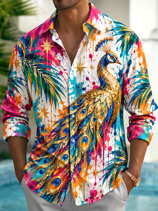 Adaychic Men's Hawaiian Peacock And Palm Leaves Print Long Sleeve Shirt with Chest Pocket