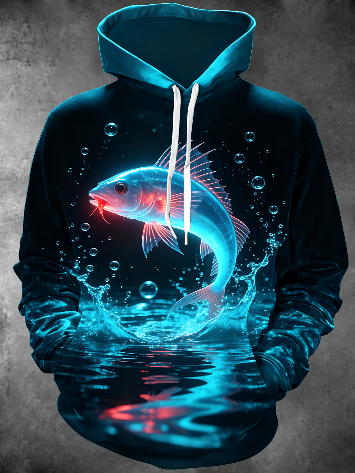 Adaychic Men's Graphic Neon Sea Fish And Water Splash Print Long Sleeve Hoodie