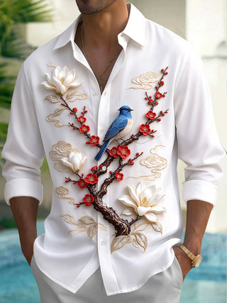 Adaychic Men's Long Sleeve Shirt - Blue Bird On Branch With Red Flowers And White Magnolias Print with Chest Pocket