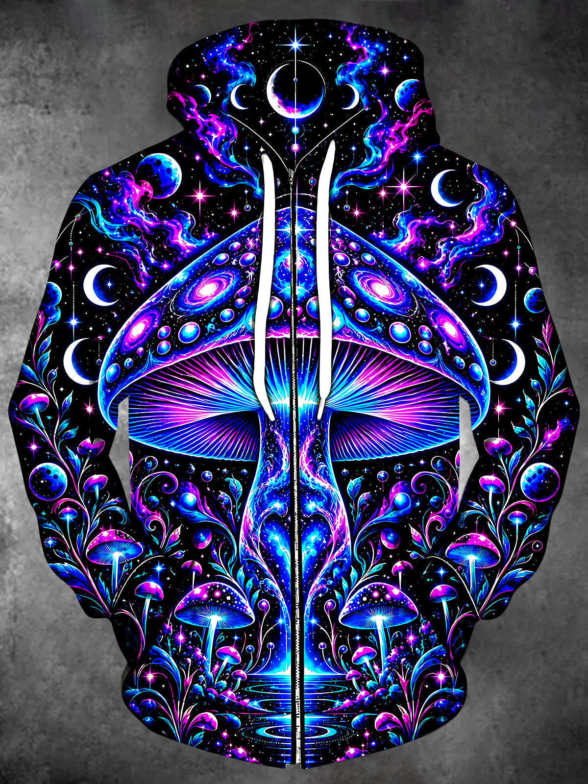 Adaychic Men's Long Sleeve Zip-Up Hoodie - Neon Psychedelic Mushrooms And Galaxy Print