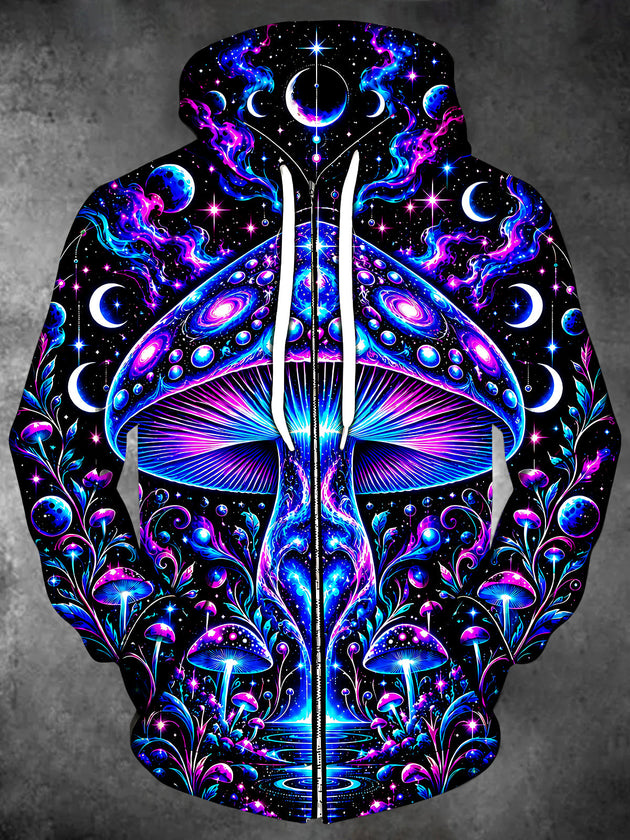 Adaychic Men's Long Sleeve Zip-Up Hoodie - Neon Psychedelic Mushrooms And Galaxy Print