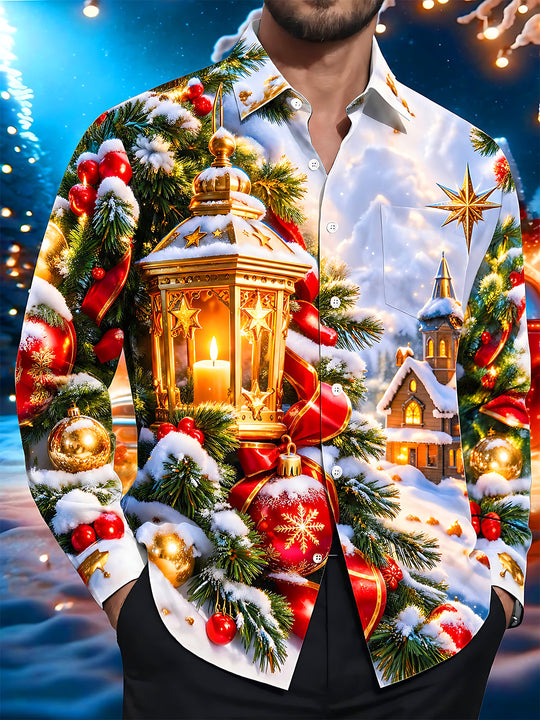 Adaychic Men's Printed Christmas Lantern Print Long Sleeve Shirt with Chest Pocket