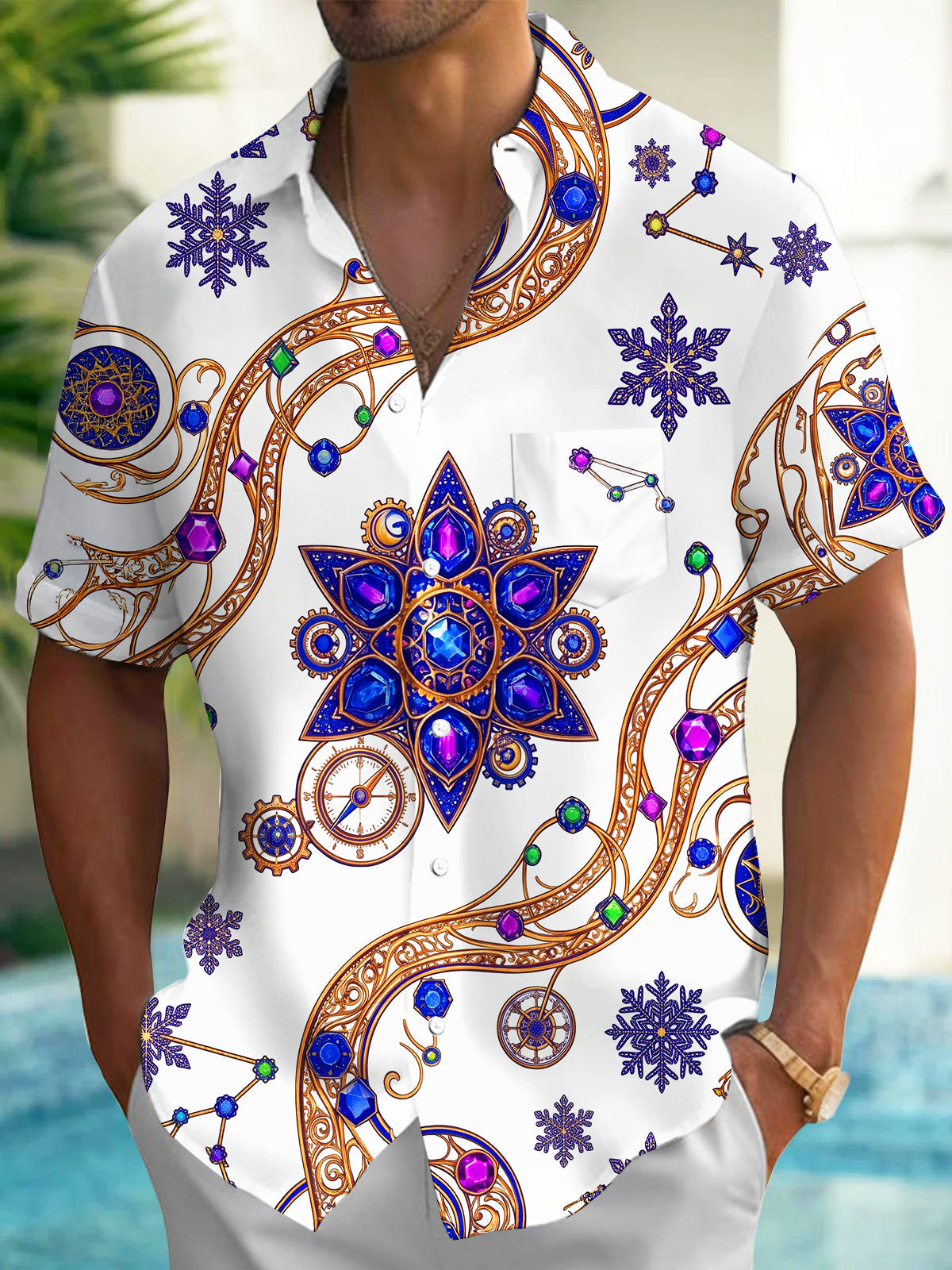 Adaychic Men's Printed Snowflakes And Constellations Print Short Sleeve Shirt with Chest Pocket