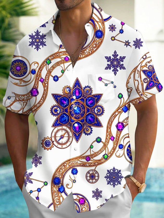 Adaychic Men's Printed Snowflakes And Constellations Print Short Sleeve Shirt with Chest Pocket