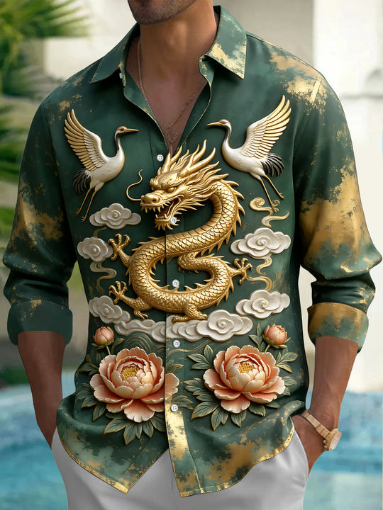 Adaychic Men's 3D Golden Dragon And Cranes Print Long Sleeve Shirt with Chest Pocket