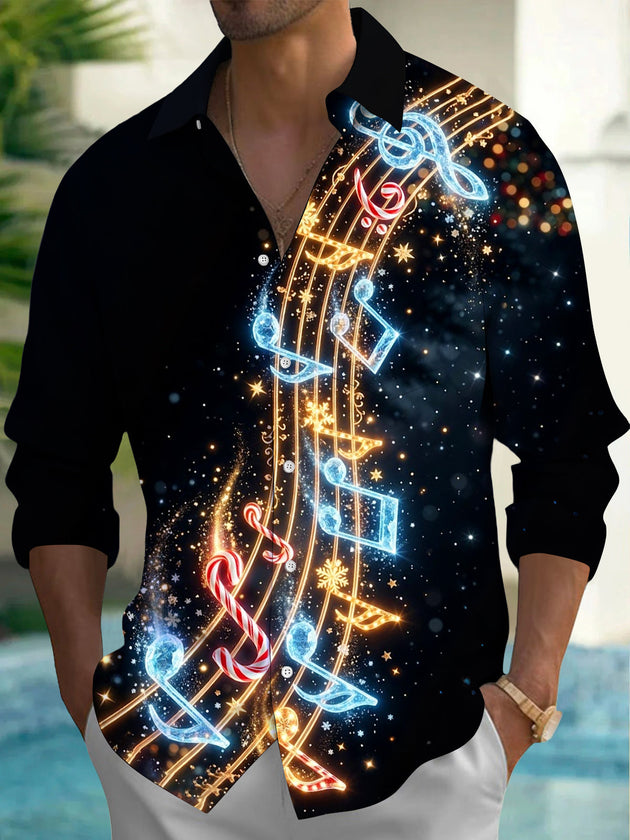Adaychic Men's Christmas Music Notes And Candy Canes Print Long Sleeve Shirt with Chest Pocket