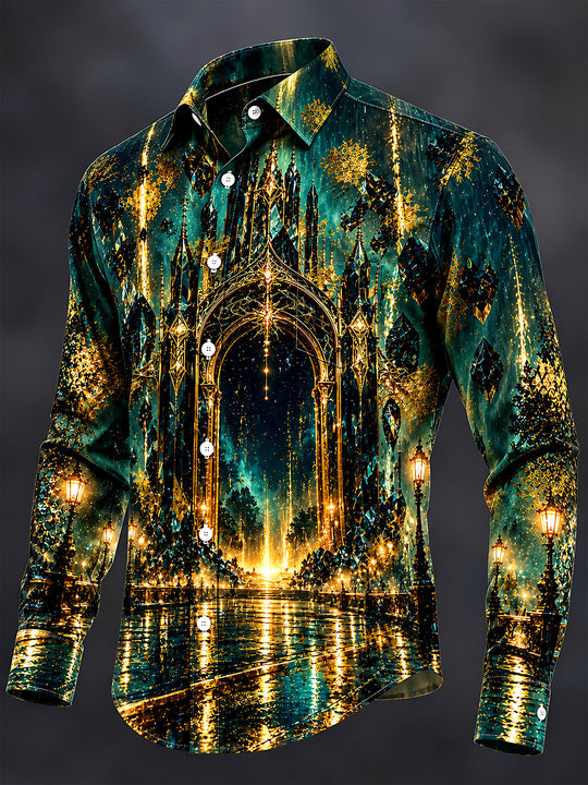 Adaychic Men's Gothic Castle Architecture And Night Sky Print Long Sleeve Shirt with Chest Pocket
