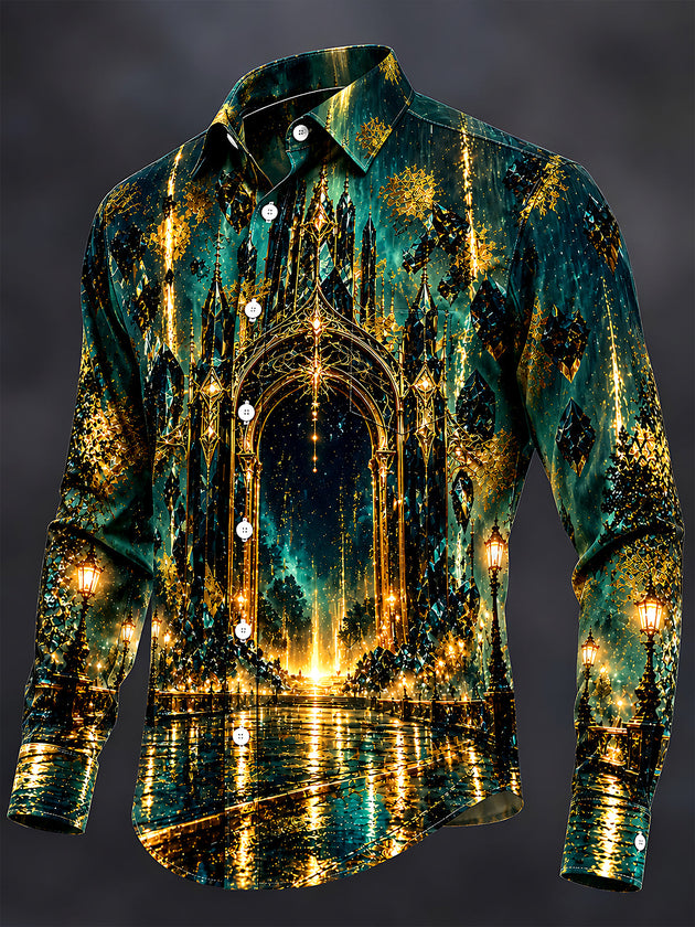 Adaychic Men's Gothic Castle Architecture And Night Sky Print Long Sleeve Shirt with Chest Pocket