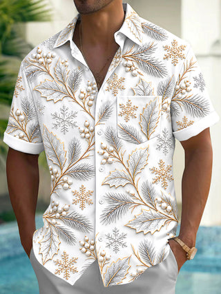 Adaychic Men's Winter Snowflakes And Winter Leaves Print Short Sleeve Shirt with Chest Pocket