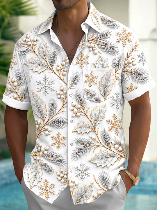 Adaychic Men's Winter Snowflakes And Winter Leaves Print Short Sleeve Shirt with Chest Pocket