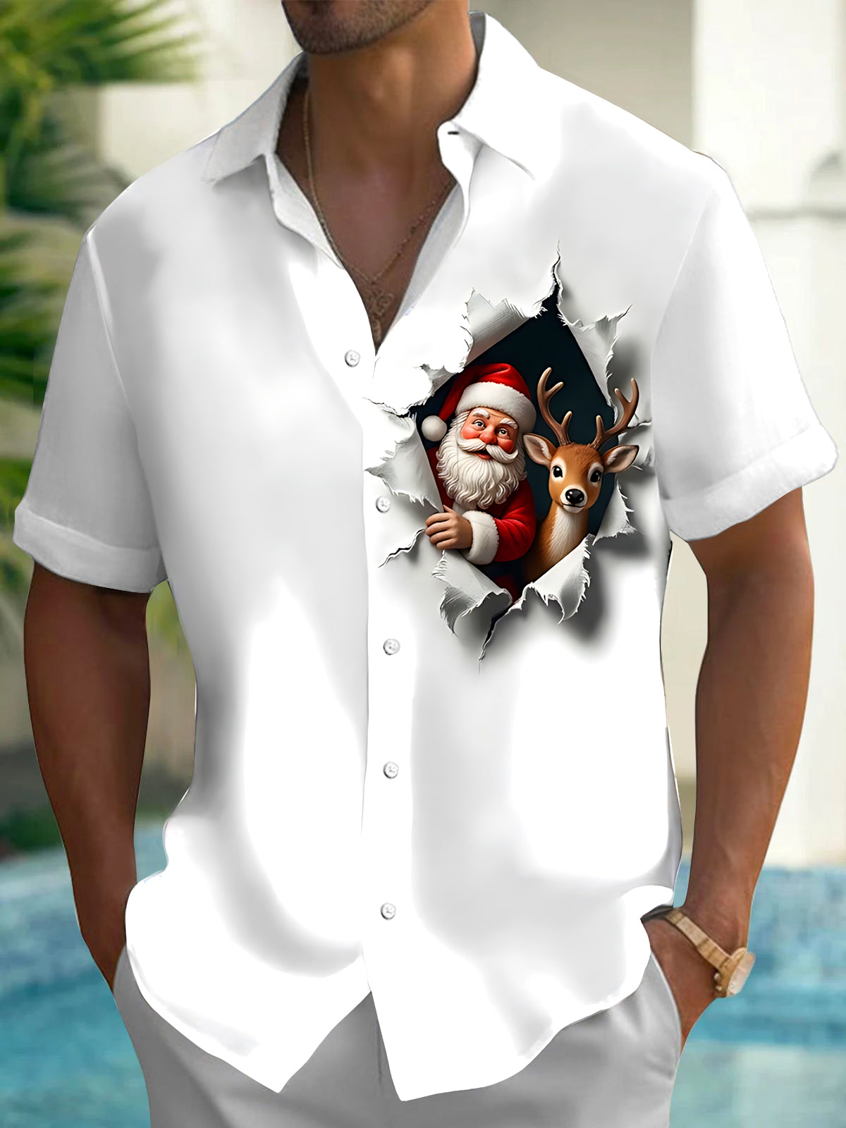 Adaychic Men's Graphic Santa Claus And Reindeer Print Short Sleeve Shirt with Chest Pocket