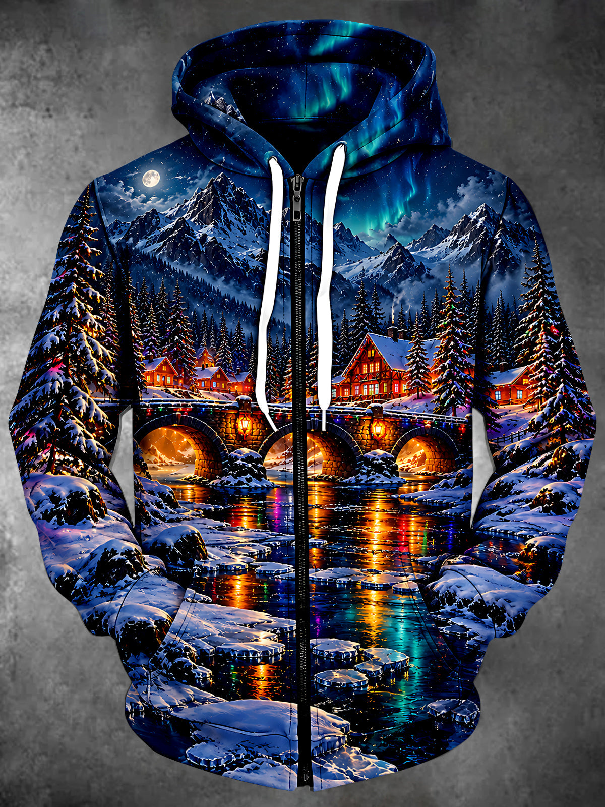 Adaychic Men's Long Sleeve Zip-Up Hoodie - Winter Night Landscape With Aurora Borealis Print