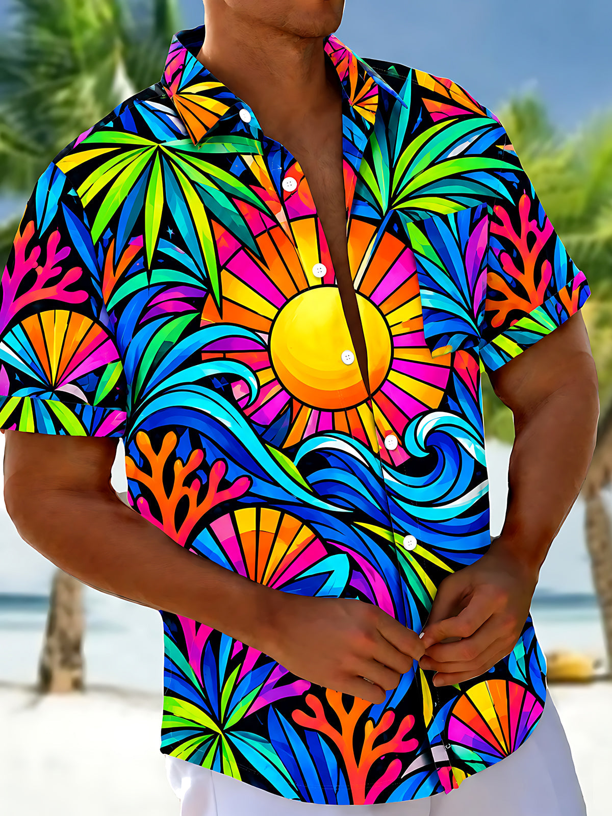 Adaychic Men's Hawaiian Sun Waves Coral Geometry Print Short Sleeve Shirt with Chest Pocket